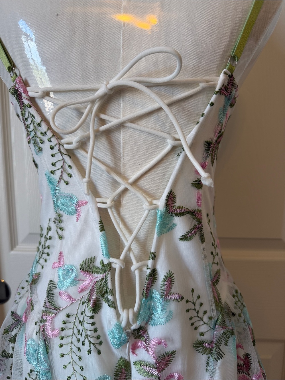 White Floral Embroidered Sundress with Green Trim - Picture 4 of 7